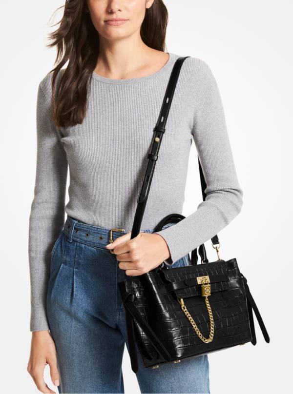 Damske Satchel Taske Michael Kors Hamilton Legacy Small Crocodile Embossed Leather Belted Čierne - Kabelky Michael Kors Obchod | TOARE-4617
